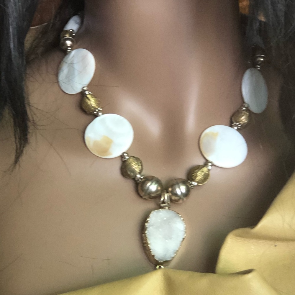 Sterling 19” Brass, Shell,Druzy White Necklace